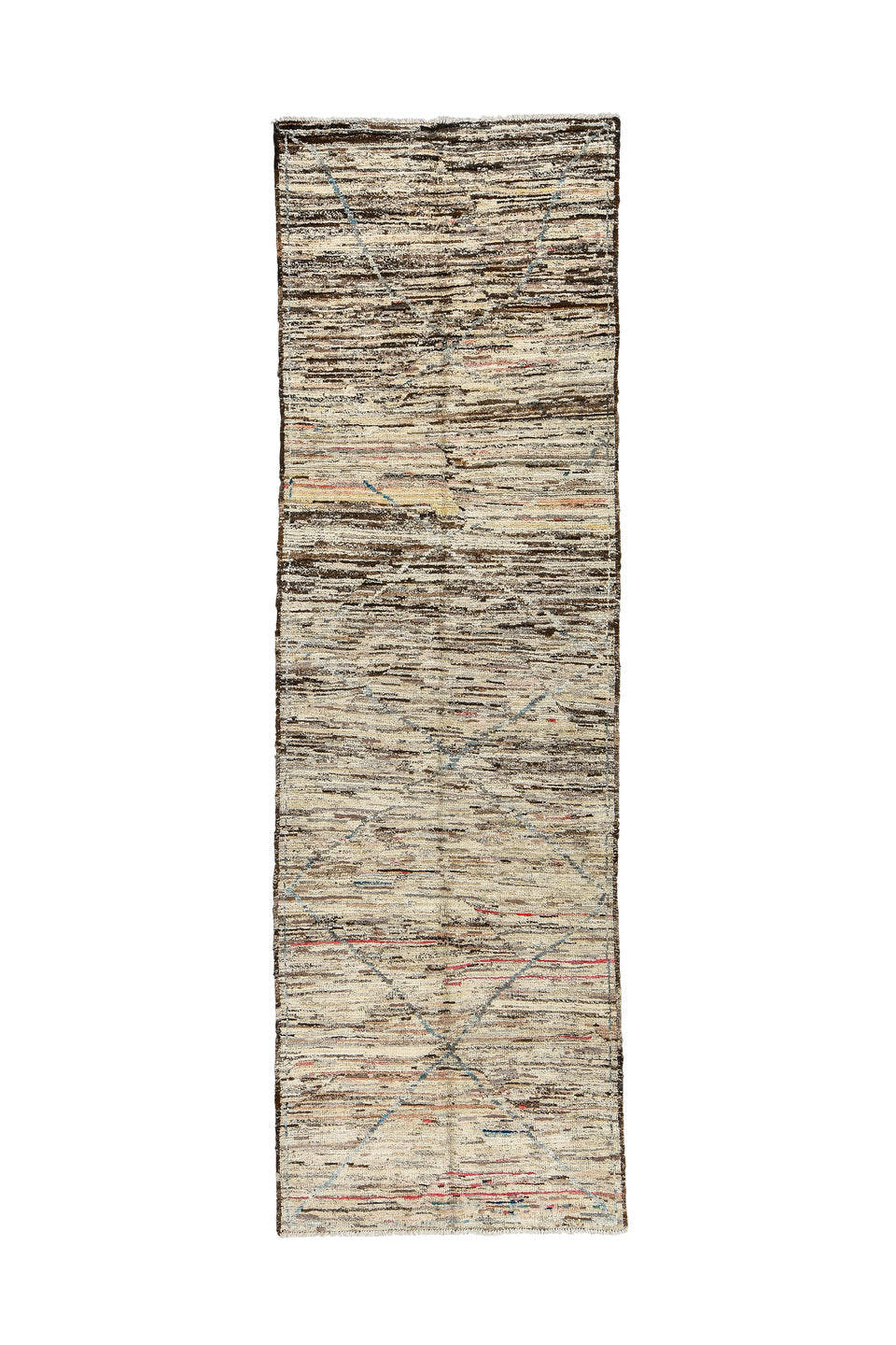 3' x 10' one-of-a-kind handmade vintage Tulu runner rug. Color palette: black, brown, gray, light gray, off-white, silver