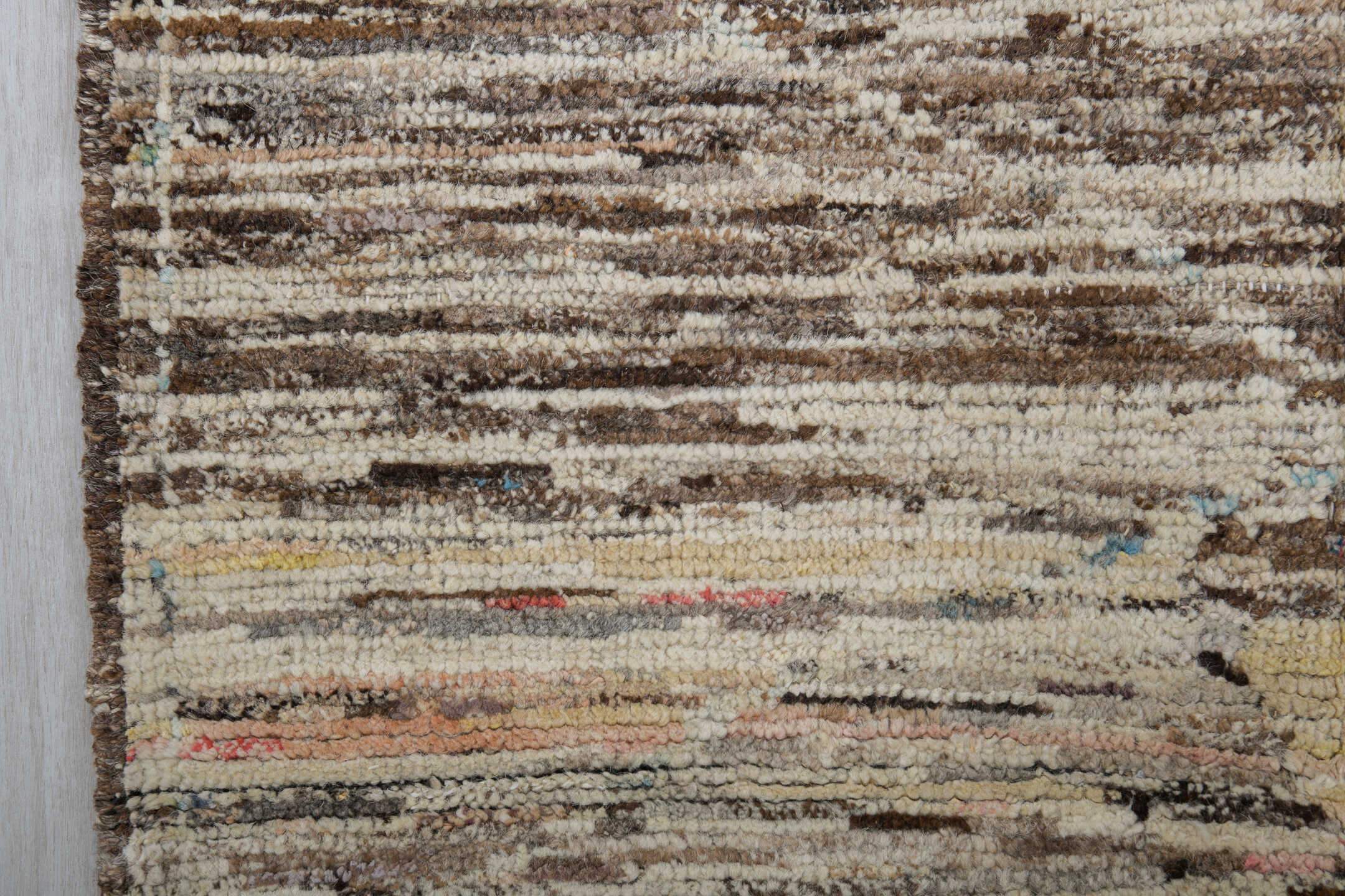 3' x 10' one-of-a-kind handmade vintage Tulu runner rug. Color palette: black, brown, gray, light gray, off-white, silver