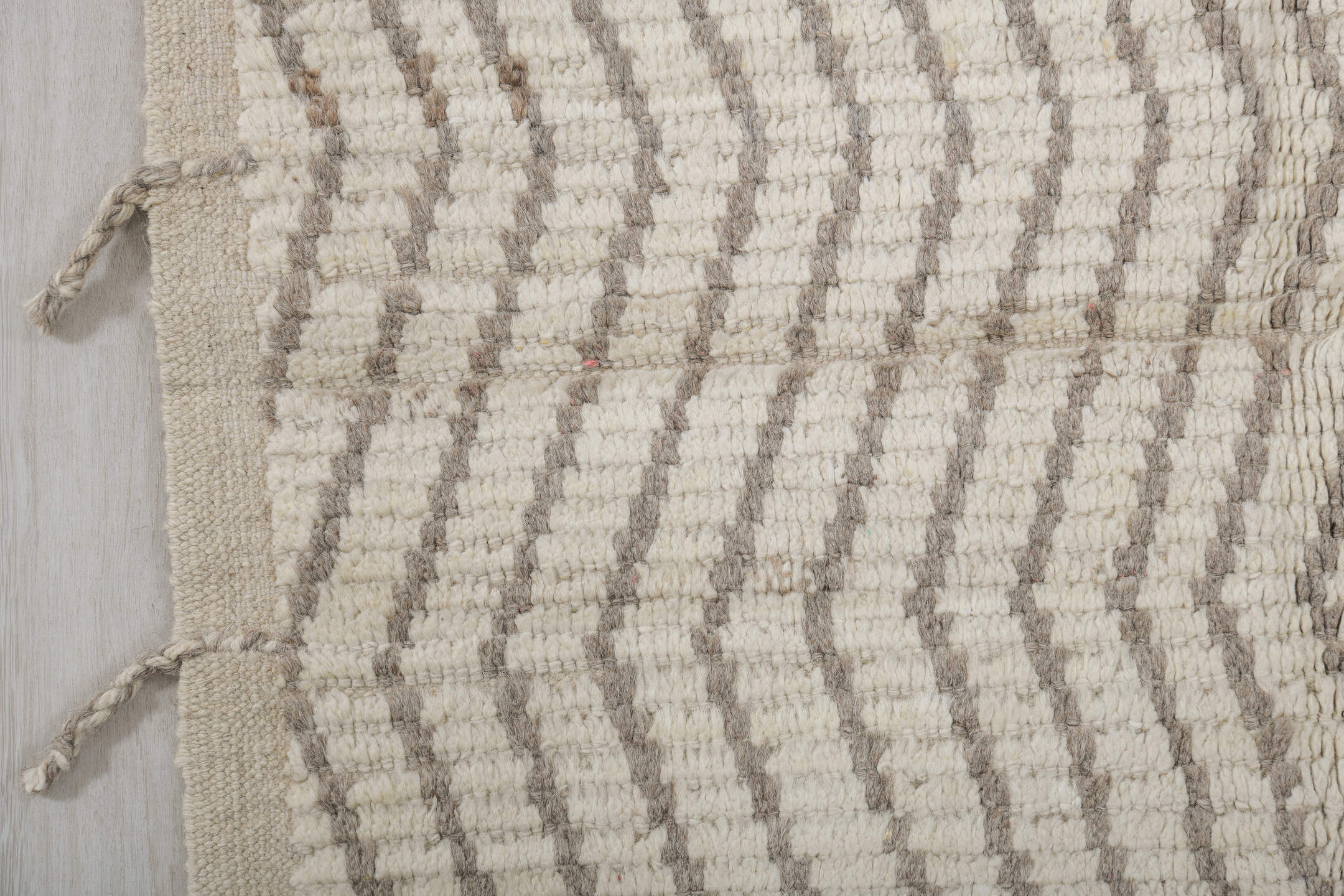 2' x 12' one-of-a-kind handmade vintage Tulu runner rug. Color palette: ivory, gray, taupe, beige