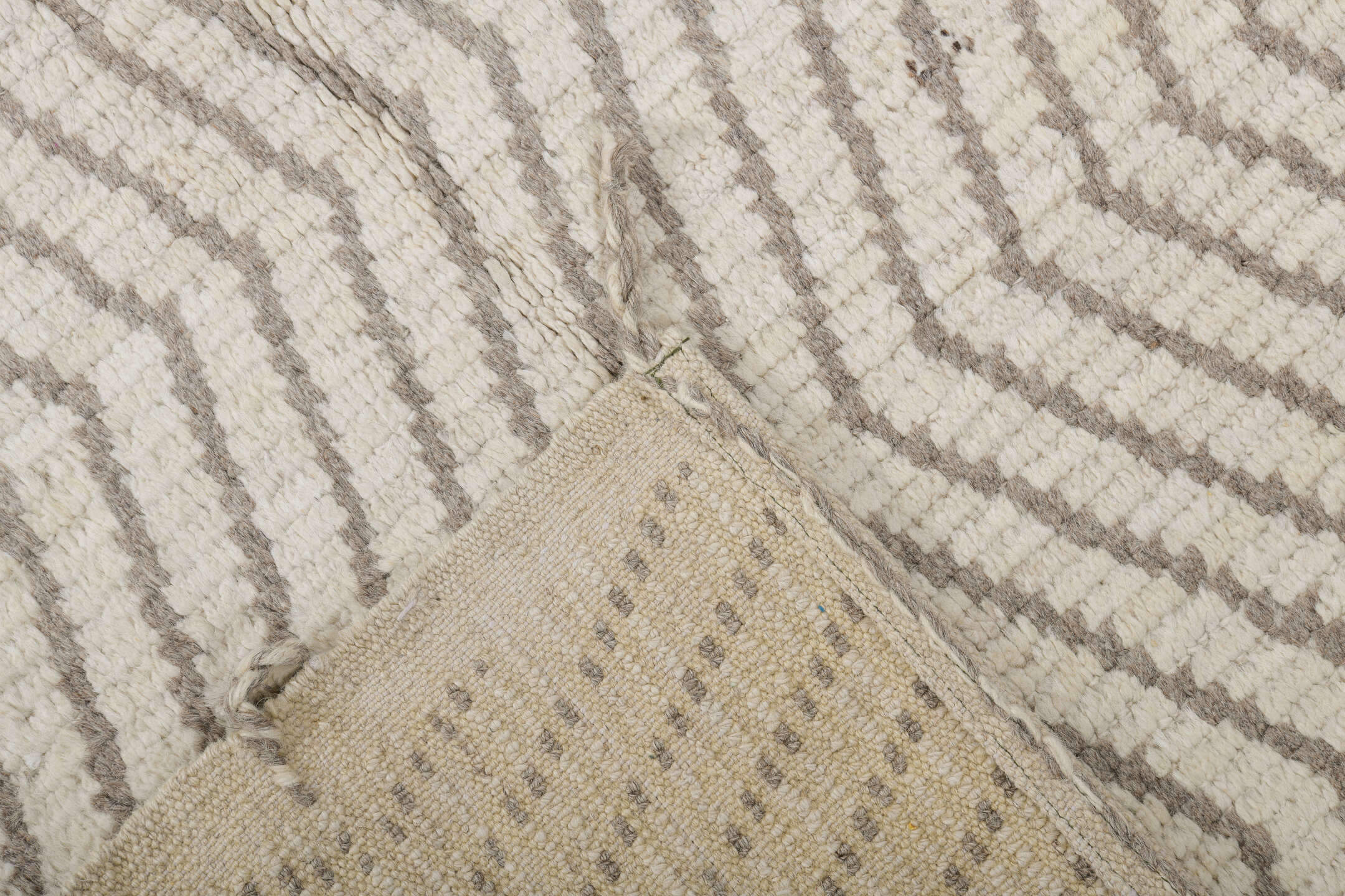 2' x 12' one-of-a-kind handmade vintage Tulu runner rug. Color palette: ivory, gray, taupe, beige