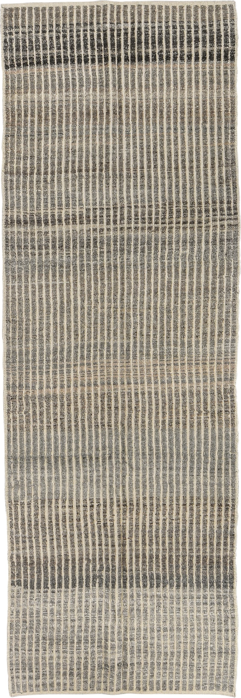 3' x 9' one-of-a-kind handmade vintage Tulu runner rug. Color palette: ivory, charcoal, taupe, gray, black, beige