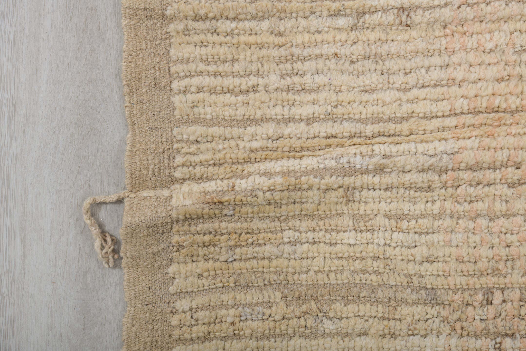 2' x 13' one-of-a-kind handmade vintage Tulu runner rug. Color palette: ivory, beige, taupe, sand, pale peach, camel