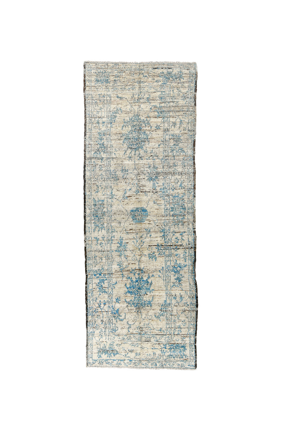 3' x 8' one-of-a-kind handmade vintage Tulu runner rug. Color palette: black, blue, brown, gray, light gray, off-white