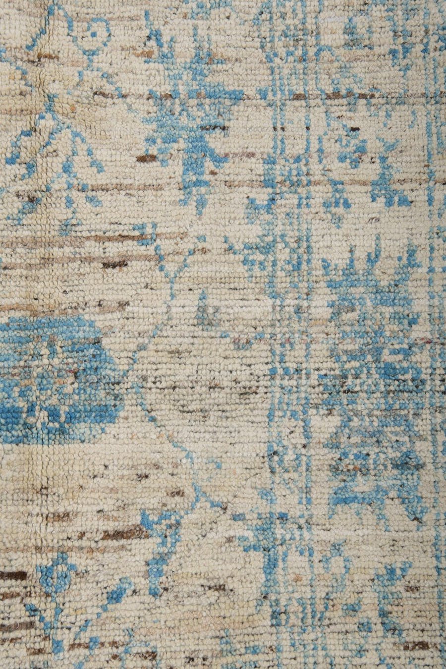 3' x 8' one-of-a-kind handmade vintage Tulu runner rug. Color palette: ivory, sky blue, charcoal, taupe, light blue, gray