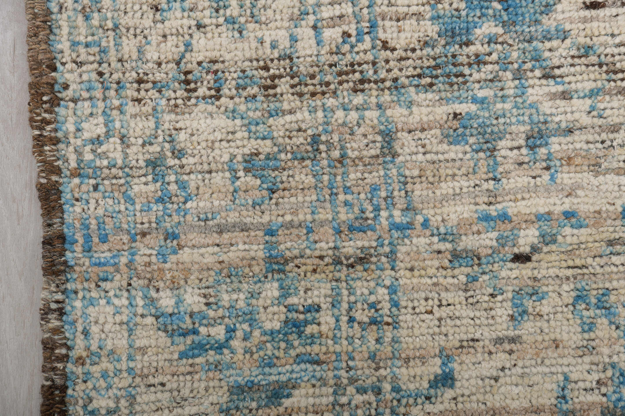 3' x 8' one-of-a-kind handmade vintage Tulu runner rug. Color palette: ivory, sky blue, charcoal, taupe, light blue, gray