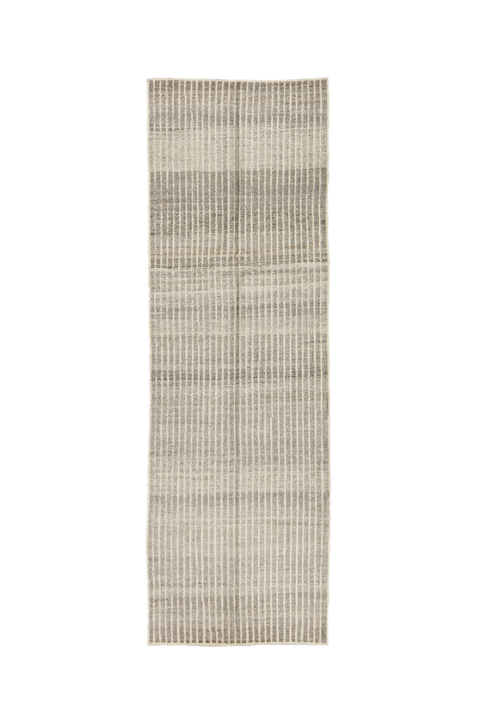 3' x 9' one-of-a-kind handmade vintage Tulu runner rug. Color palette: dim gray, gray, light gray, off-white, pink, silver
