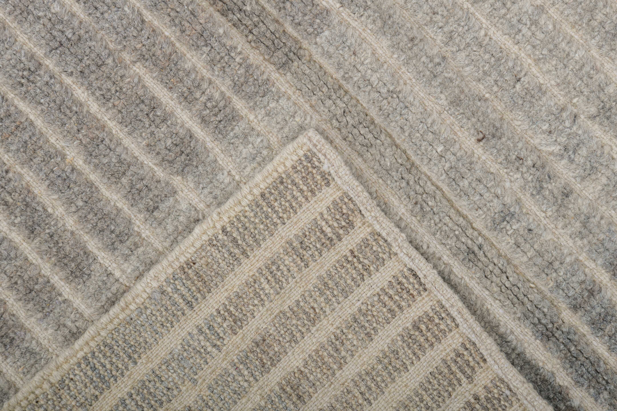 3' x 9' one-of-a-kind handmade vintage Tulu runner rug. Color palette: dim gray, gray, light gray, off-white, pink, silver