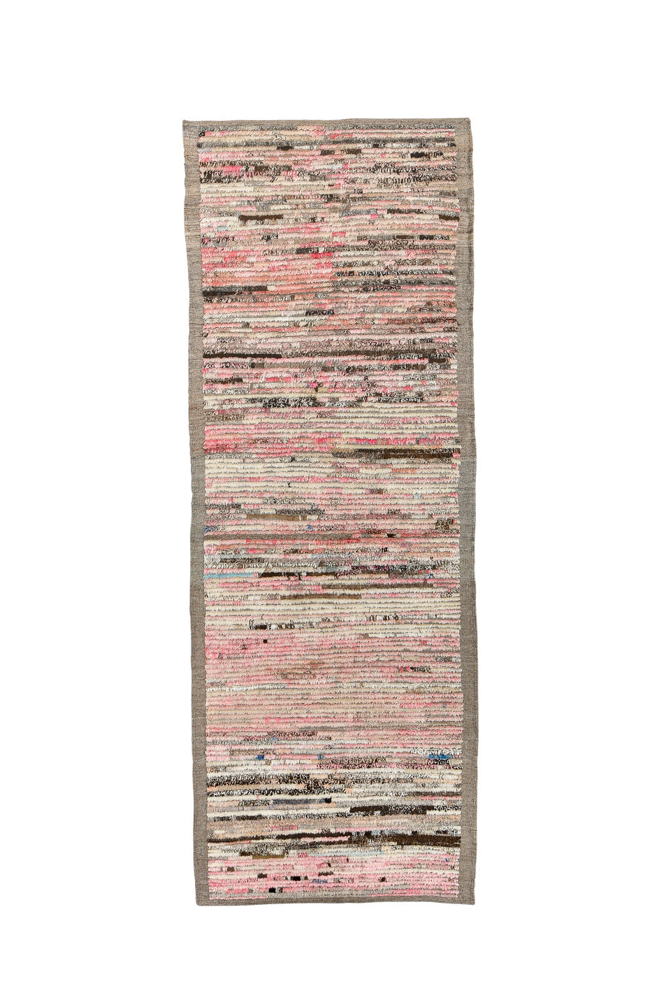 3' x 9' one-of-a-kind handmade vintage Tulu runner rug. Color palette: brown, gray, light gray, off-white, pink, red