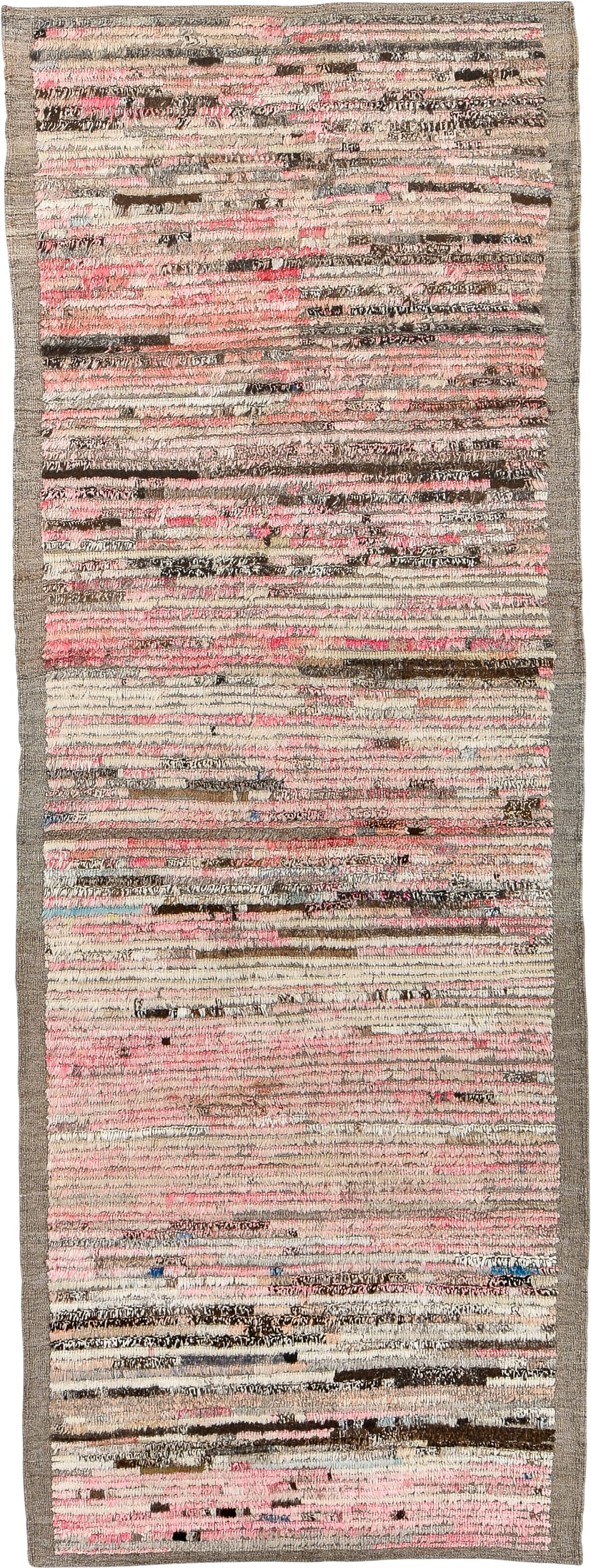 3' x 9' one-of-a-kind handmade vintage Tulu runner rug. Color palette: ivory, taupe, blush, brown, charcoal, cream, rose