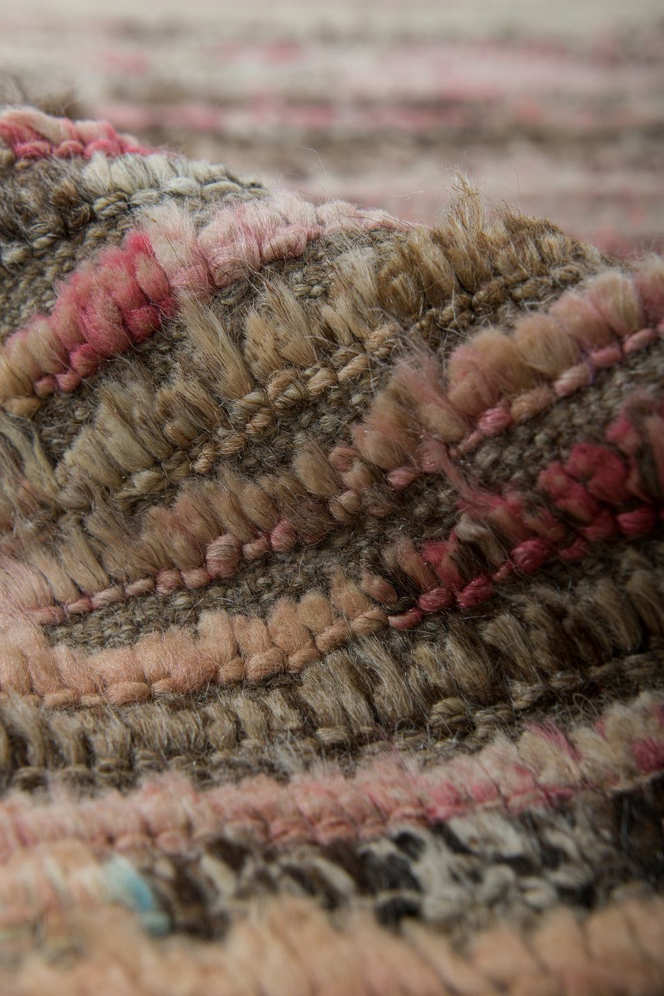 3' x 9' one-of-a-kind handmade vintage Tulu runner rug. Color palette: brown, gray, light gray, off-white, pink, red