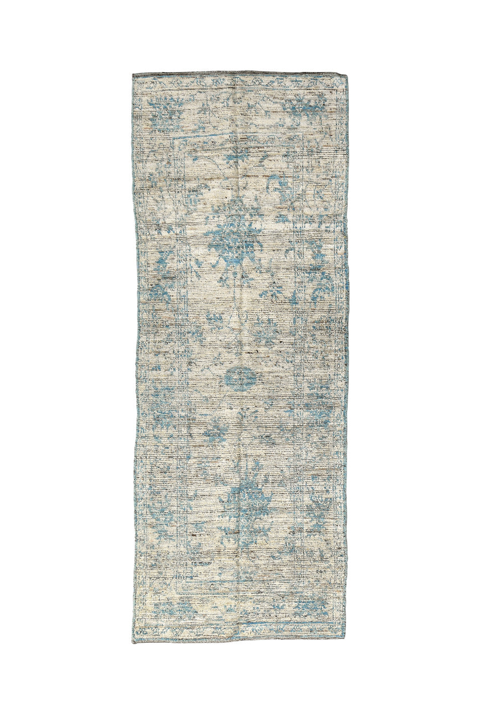 3' x 8' one-of-a-kind handmade vintage Tulu runner rug. Color palette: blue, brown, dark gray, gray, light gray, off-white