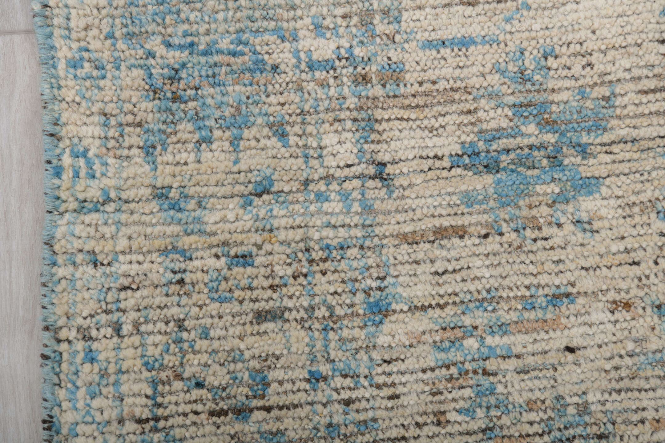 3' x 8' one-of-a-kind handmade vintage Tulu runner rug. Color palette: blue, brown, dark gray, gray, light gray, off-white