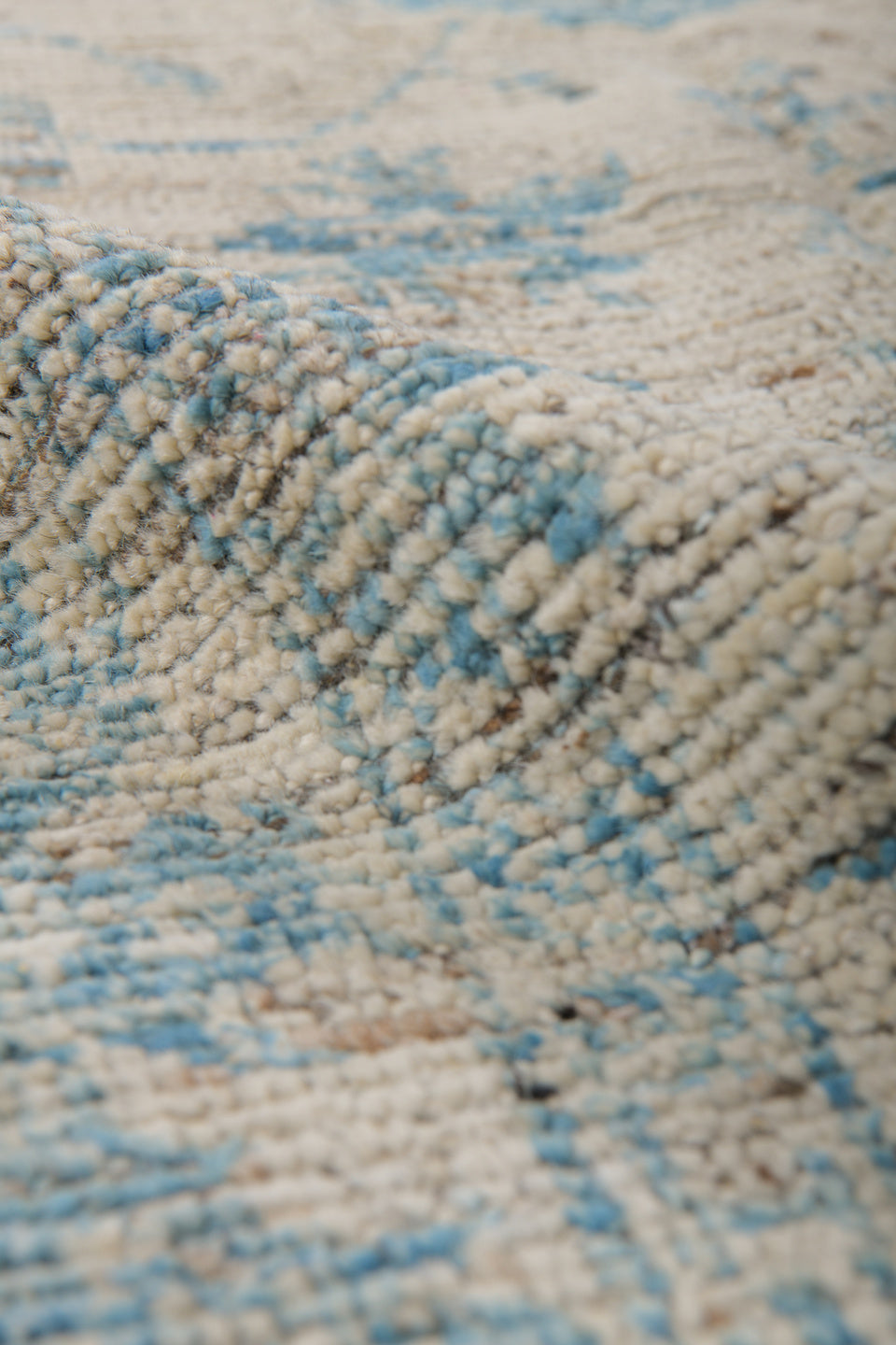 3' x 8' one-of-a-kind handmade vintage Tulu runner rug. Color palette: blue, brown, dark gray, gray, light gray, off-white