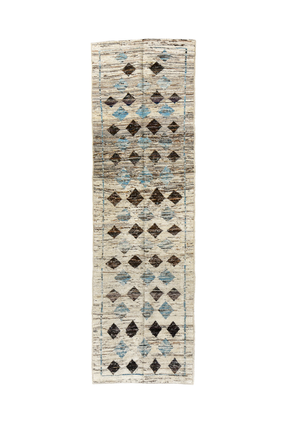 2' x 9' one-of-a-kind handmade vintage Tulu runner rug. Color palette: black, blue, brown, dark gray, fiord, gray