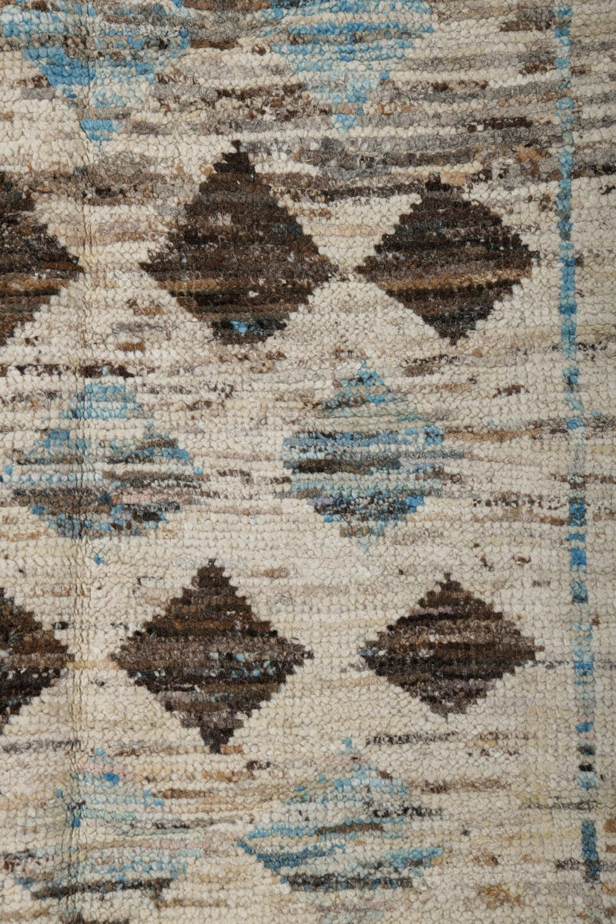 2' x 9' one-of-a-kind handmade vintage Tulu runner rug. Color palette: ivory, brown, sky_blue, taupe, charcoal, light blue