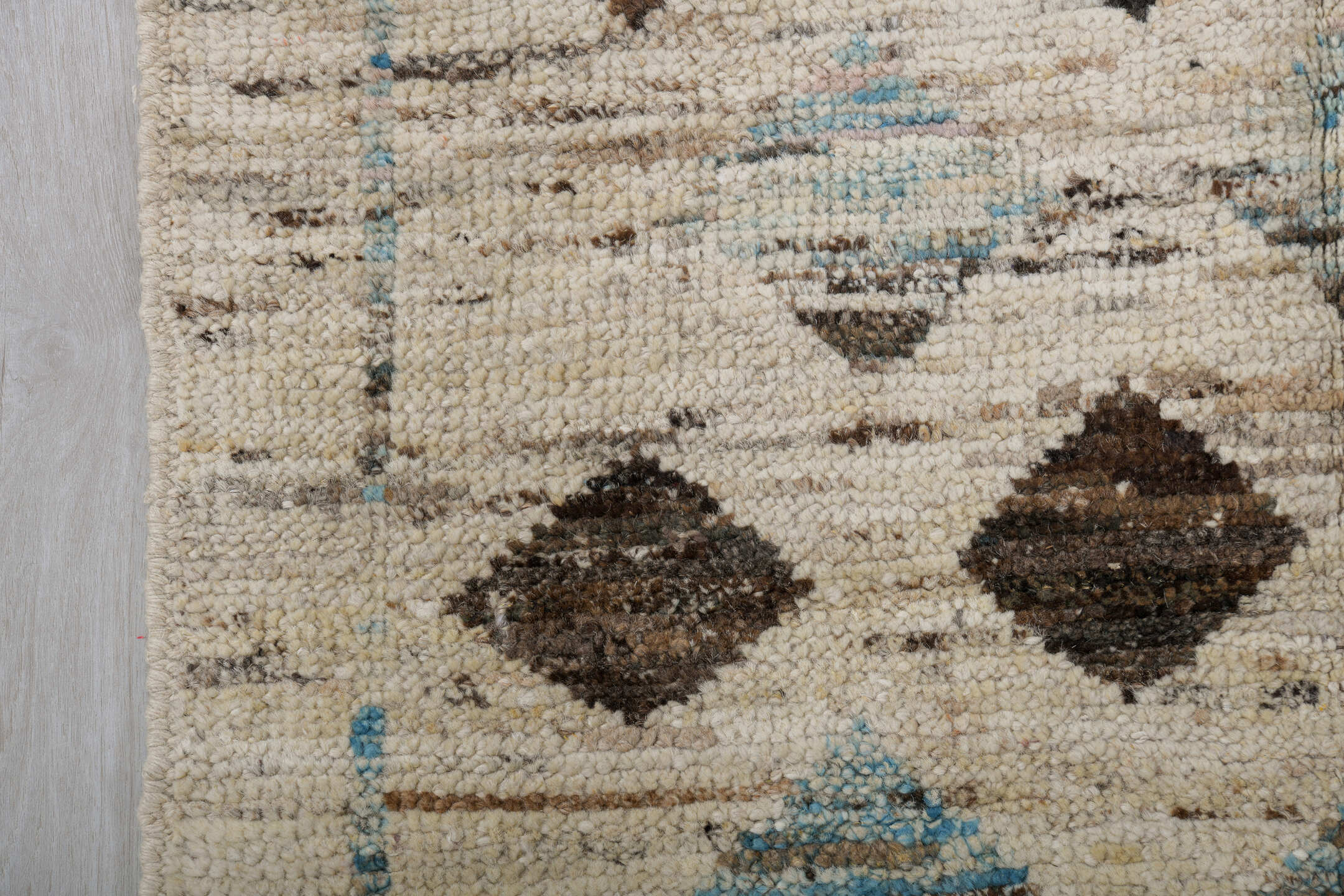 2' x 9' one-of-a-kind handmade vintage Tulu runner rug. Color palette: ivory, brown, sky_blue, taupe, charcoal, light blue