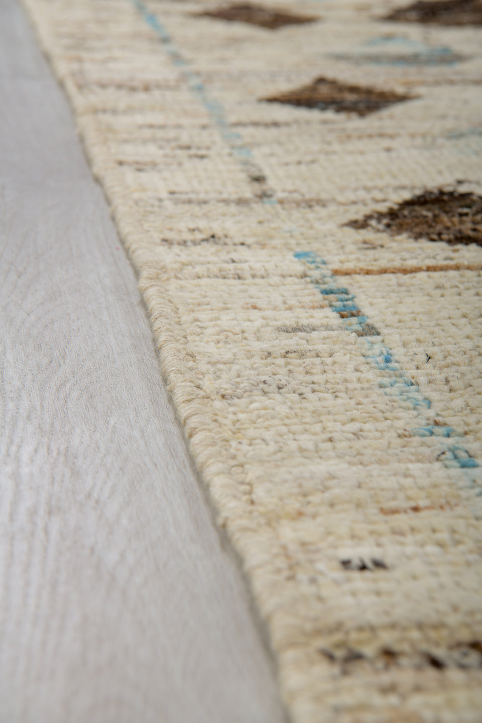 2' x 9' one-of-a-kind handmade vintage Tulu runner rug. Color palette: ivory, brown, sky_blue, taupe, charcoal, light blue