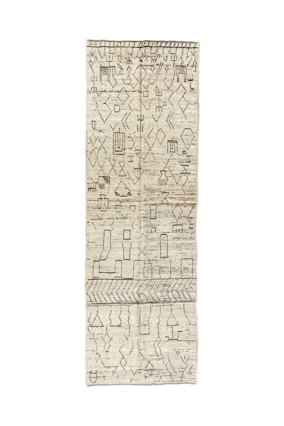 3' x 9' one-of-a-kind handmade vintage Tulu runner rug. Color palette: brown, dark gray, gray, light gray, off-white, silver