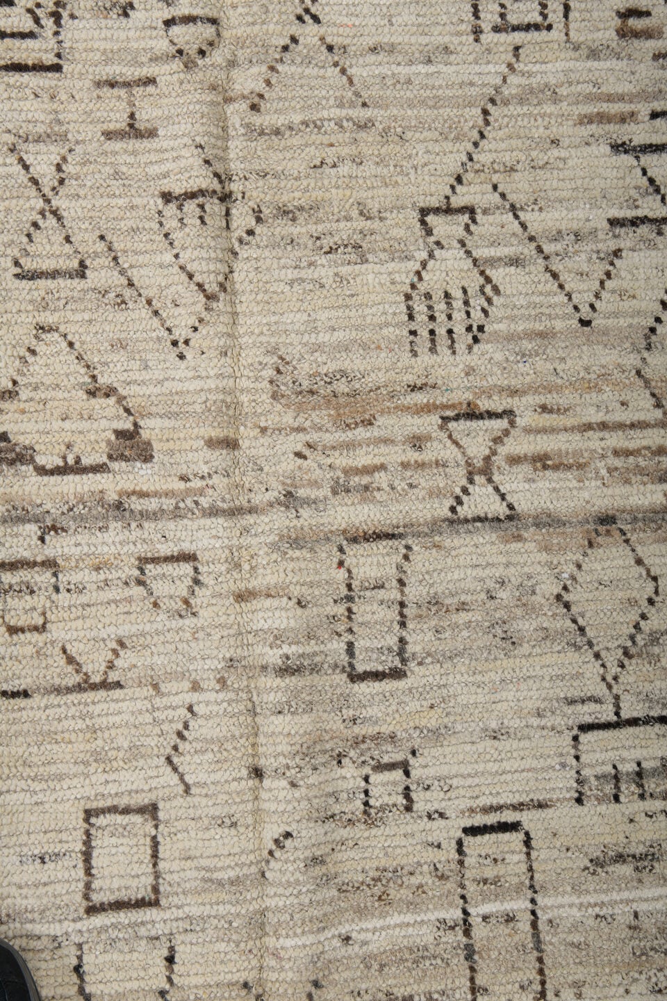 3' x 9' one-of-a-kind handmade vintage Tulu runner rug. Color palette: ivory, taupe, charcoal, beige, gray, black