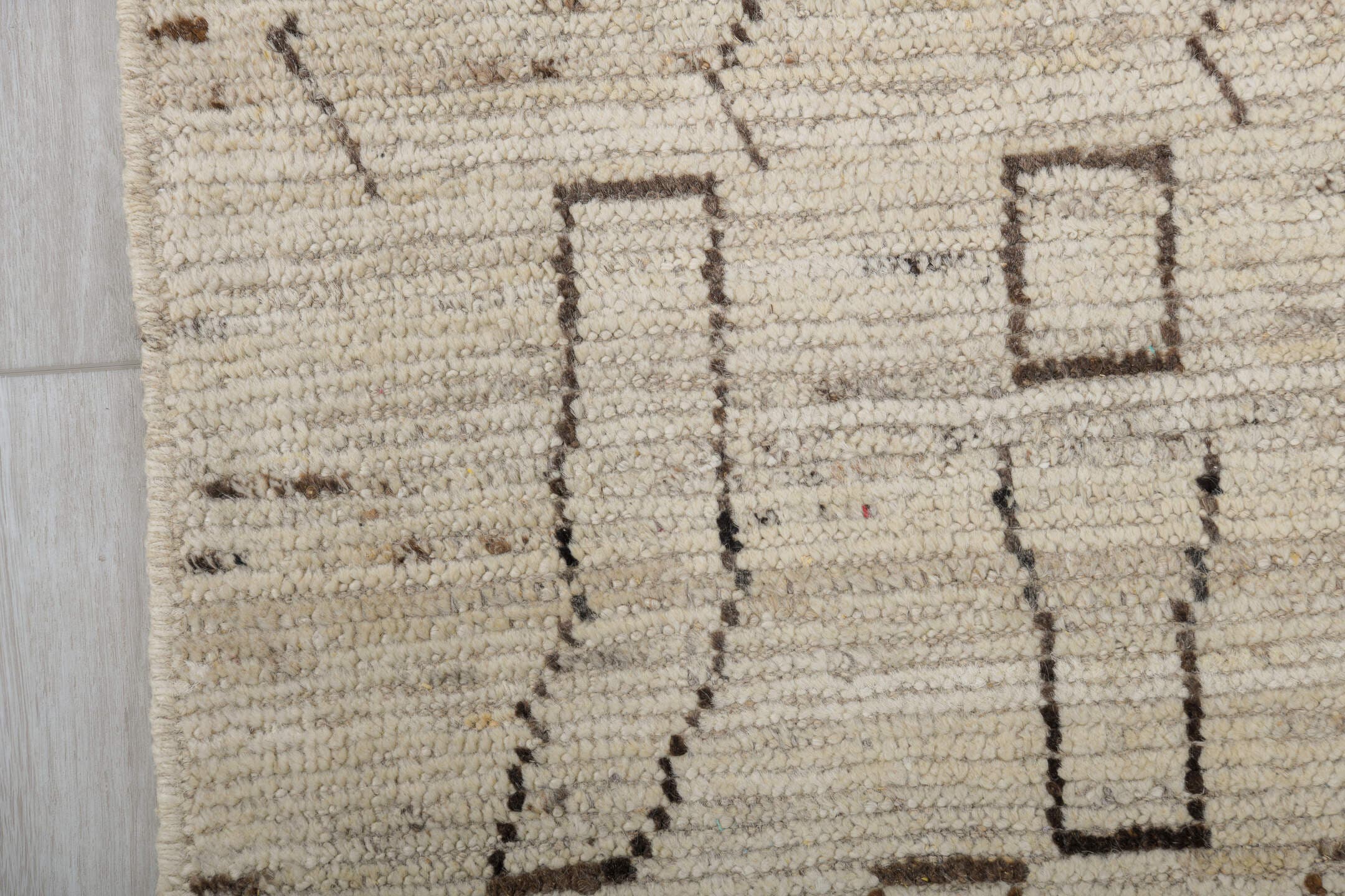 3' x 9' one-of-a-kind handmade vintage Tulu runner rug. Color palette: ivory, taupe, charcoal, beige, gray, black