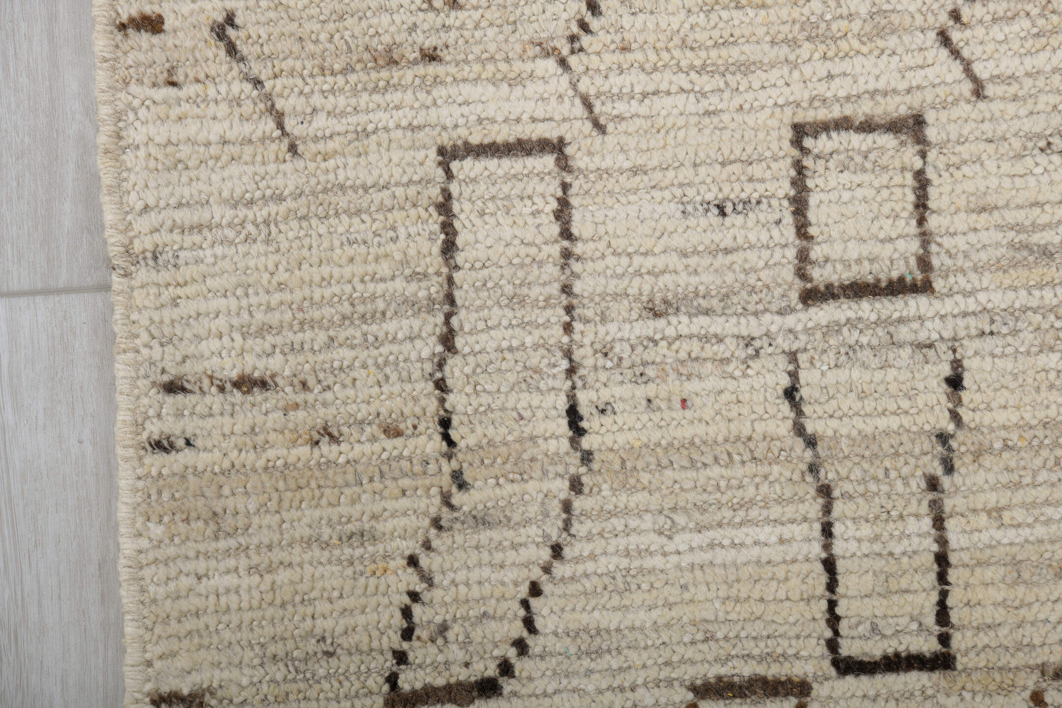 3' x 9' one-of-a-kind handmade vintage Tulu runner rug. Color palette: brown, dark gray, gray, light gray, off-white, silver