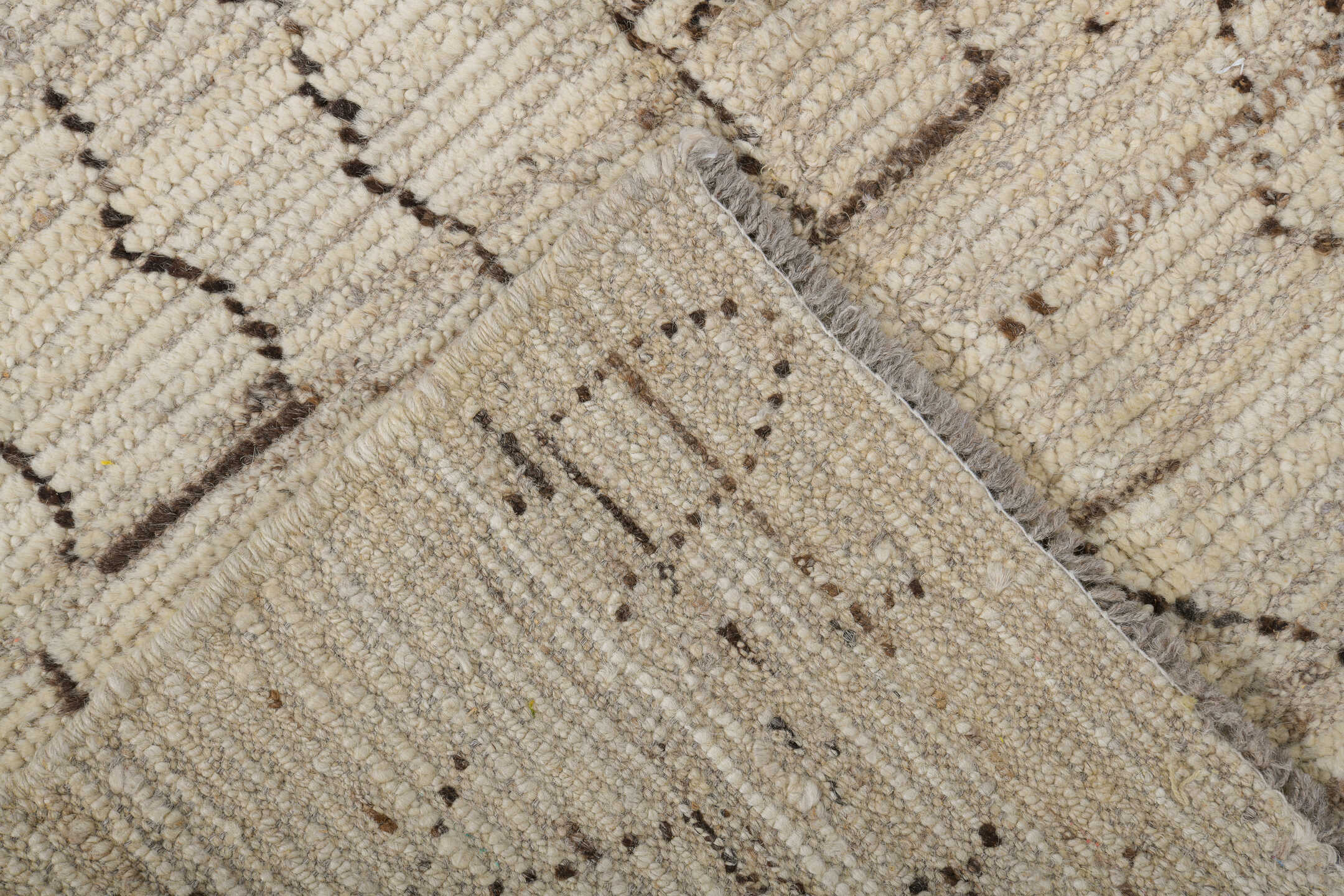 3' x 9' one-of-a-kind handmade vintage Tulu runner rug. Color palette: brown, dark gray, gray, light gray, off-white, silver