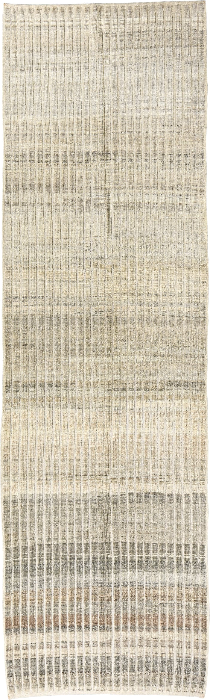 3' x 10' one-of-a-kind handmade vintage Tulu runner rug. Color palette: ivory, taupe, gray, beige, camel
