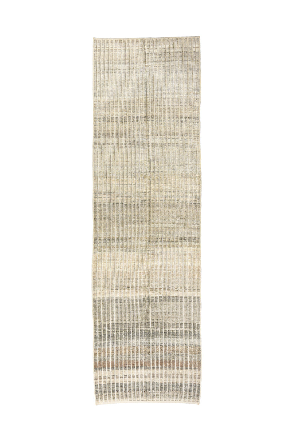 3' x 10' one-of-a-kind handmade vintage Tulu runner rug. Color palette: brown, dark gray, gray, light gray, off-white