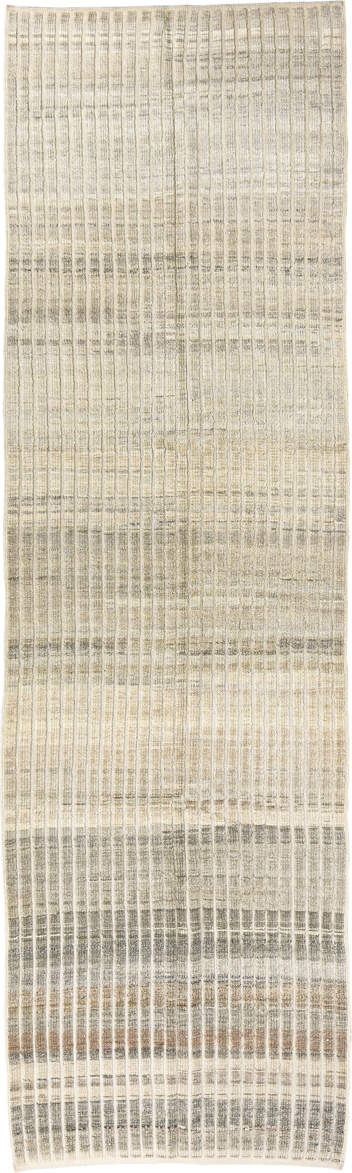 3' x 10' one-of-a-kind handmade vintage Tulu runner rug. Color palette: ivory, taupe, gray, beige, camel