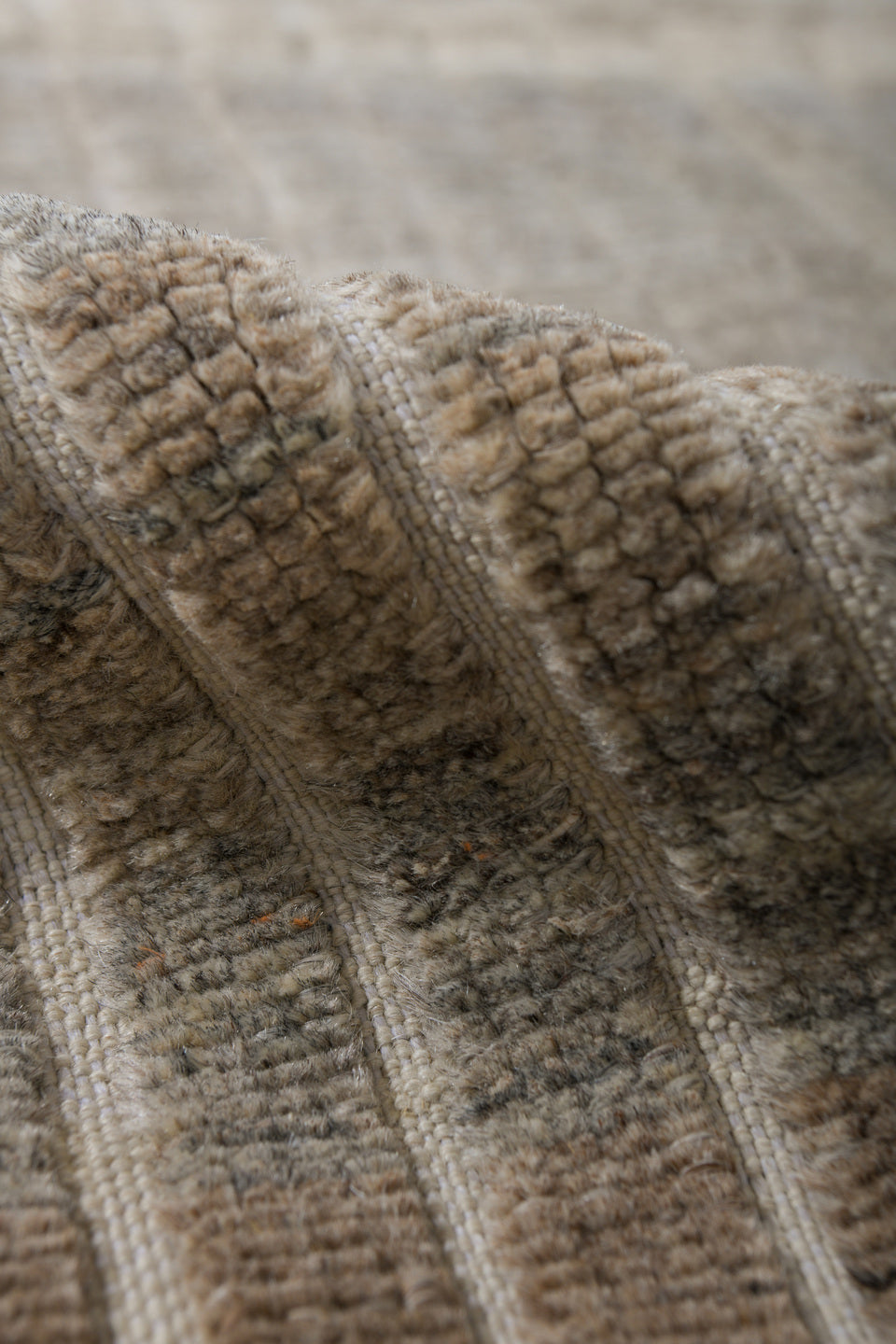 3' x 10' one-of-a-kind handmade vintage Tulu runner rug. Color palette: ivory, taupe, gray, beige, camel