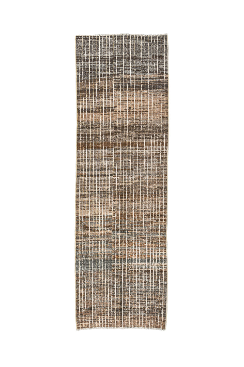 3' x 9' one-of-a-kind handmade vintage Tulu runner rug. Color palette: brown, dark gray, gray, light gray, off-white, silver