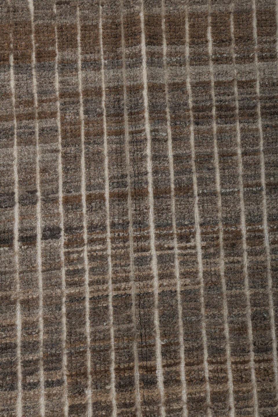 3' x 9' one-of-a-kind handmade vintage Tulu runner rug. Color palette: brown, ivory, taupe, charcoal, camel, gray, beige