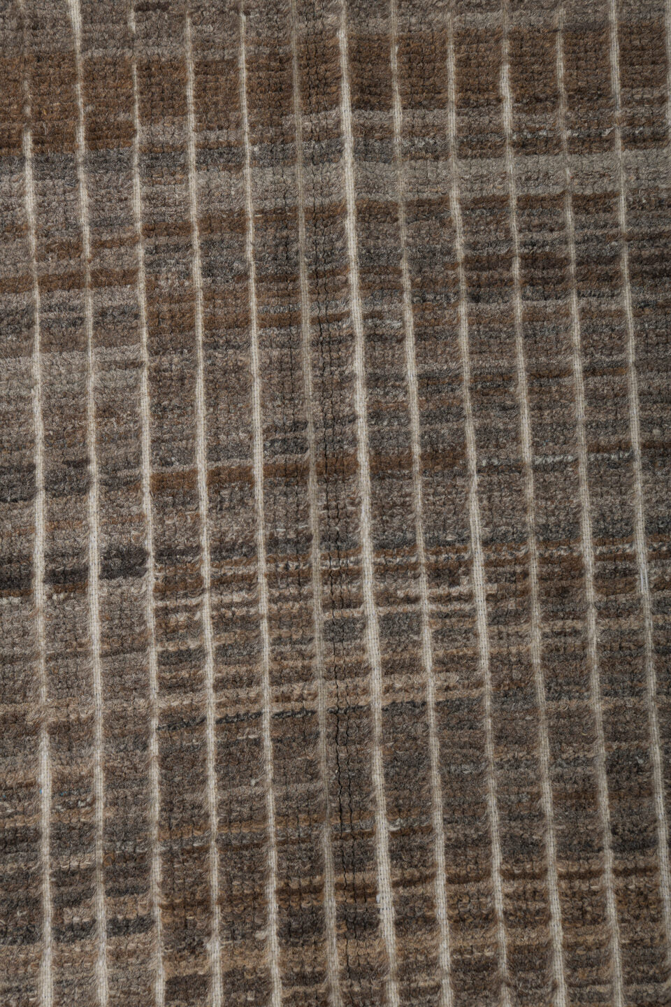 3' x 9' one-of-a-kind handmade vintage Tulu runner rug. Color palette: brown, dark gray, gray, light gray, off-white, silver