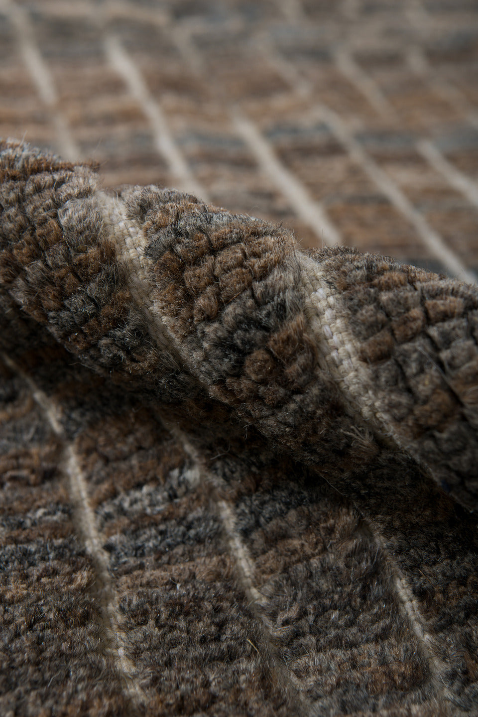 3' x 9' one-of-a-kind handmade vintage Tulu runner rug. Color palette: brown, ivory, taupe, charcoal, camel, gray, beige
