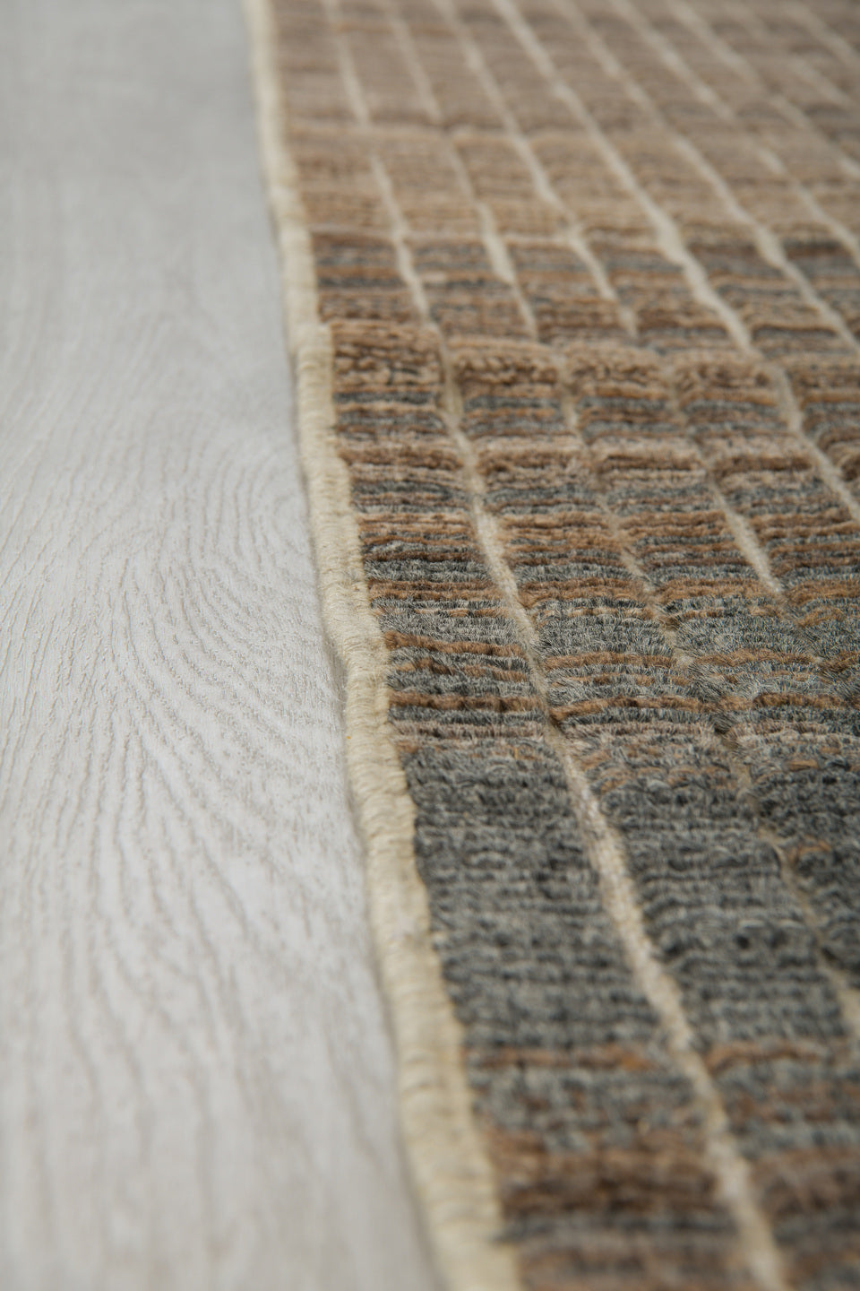 3' x 9' one-of-a-kind handmade vintage Tulu runner rug. Color palette: brown, ivory, taupe, charcoal, camel, gray, beige