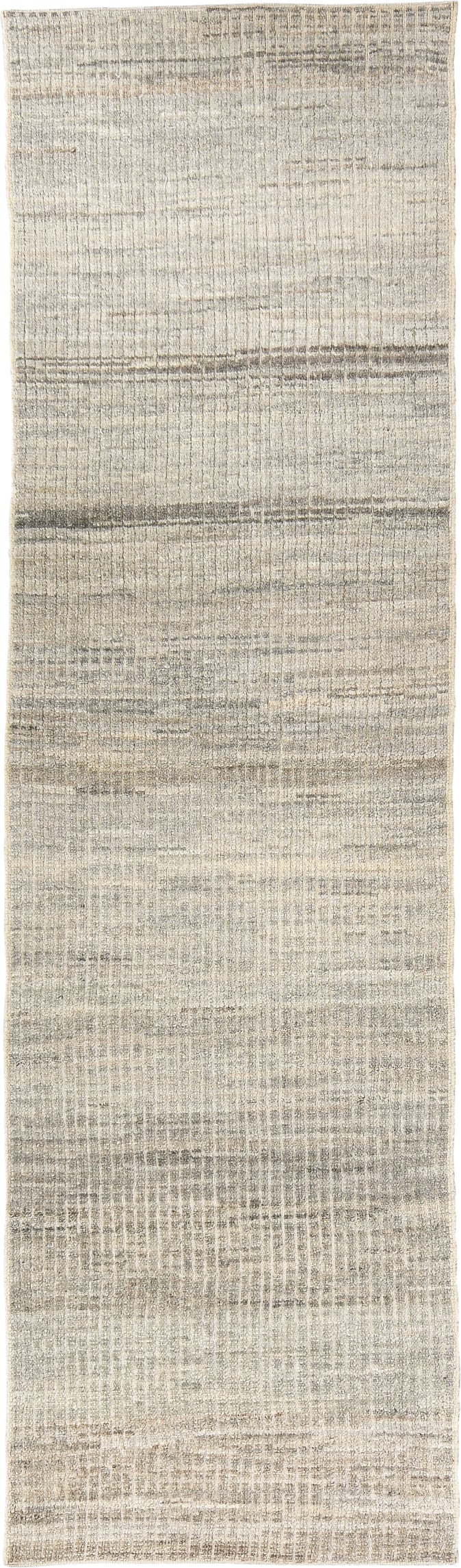 2' x 9' one-of-a-kind handmade vintage Tulu runner rug. Color palette: ivory, taupe, light gray, beige, greige, gray