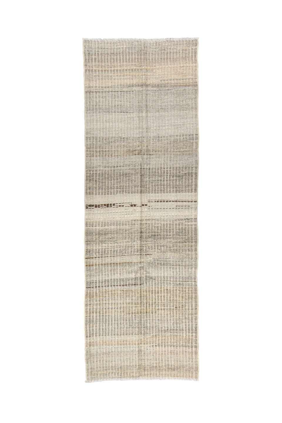 3' x 9' one-of-a-kind handmade vintage Tulu runner rug. Color palette: dark gray, gray, light gray, off-white, silver