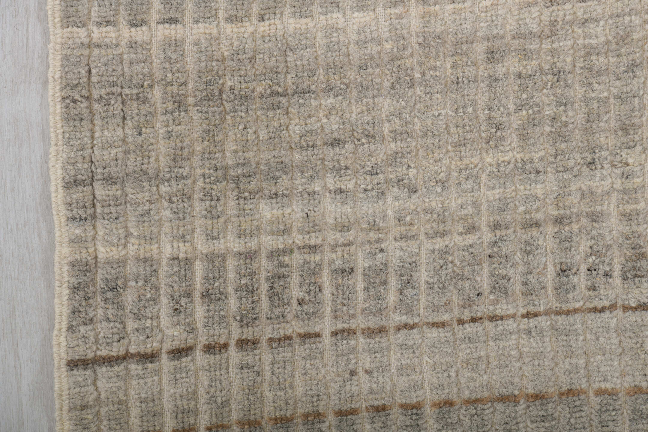 3' x 9' one-of-a-kind handmade vintage Tulu runner rug. Color palette: dark gray, gray, light gray, off-white, silver