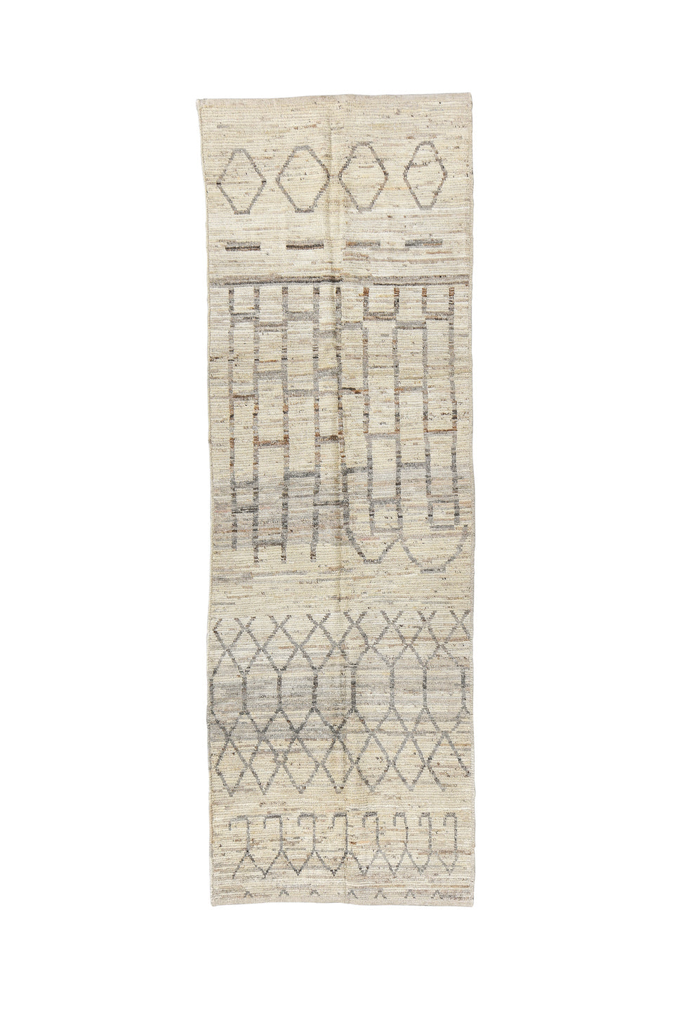 3' x 9' one-of-a-kind handmade vintage Tulu runner rug. Color palette: brown, gray, light gray, off-white