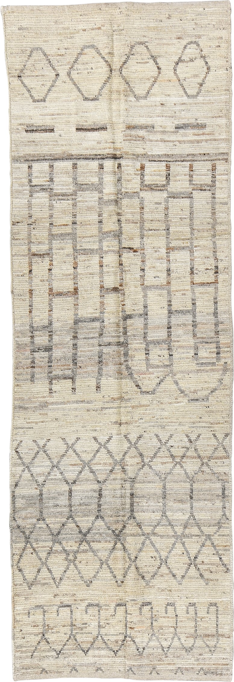 3' x 9' one-of-a-kind handmade vintage Tulu runner rug. Color palette: ivory, taupe, charcoal, beige, cream, gray, black