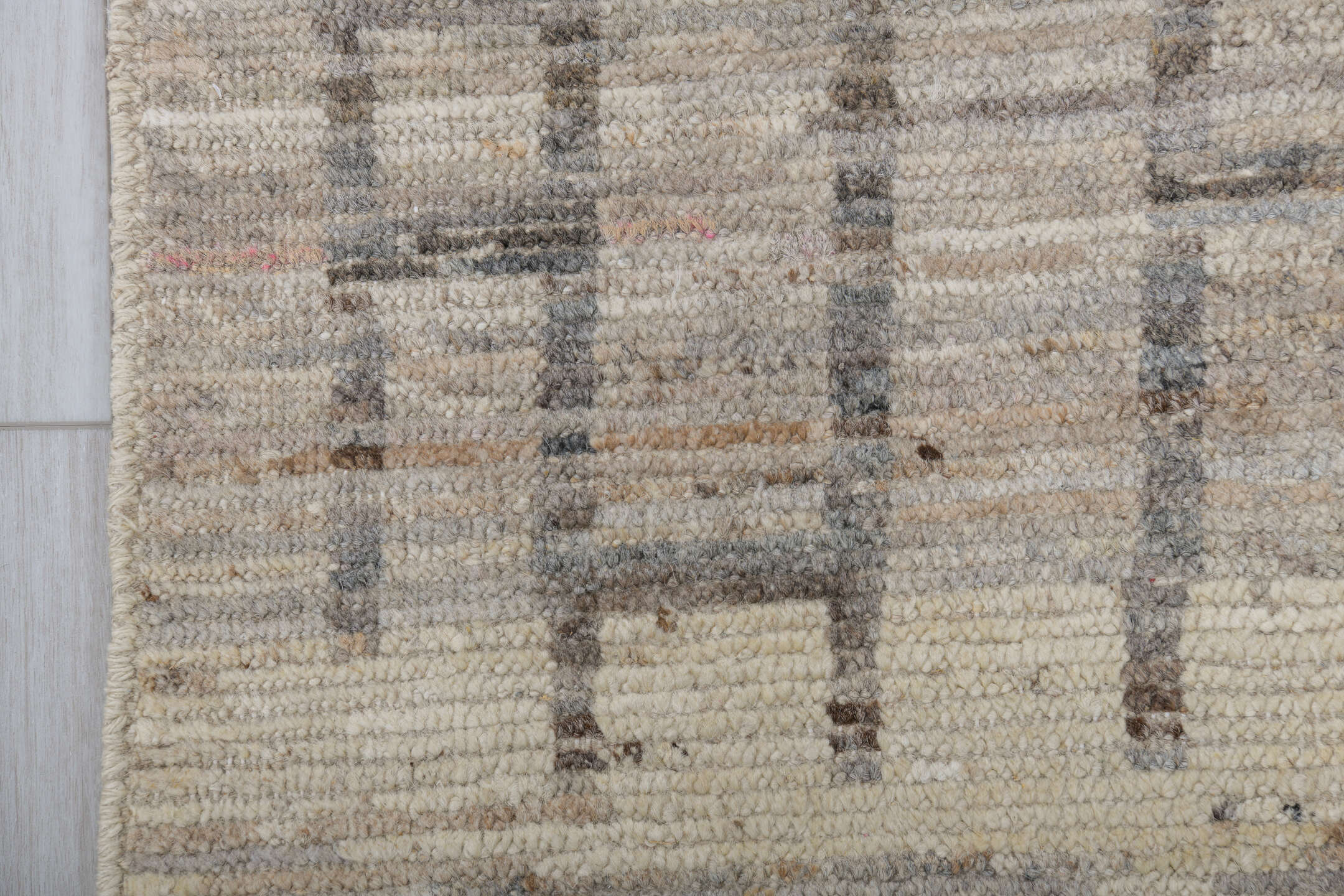 3' x 9' one-of-a-kind handmade vintage Tulu runner rug. Color palette: ivory, taupe, charcoal, beige, cream, gray, black
