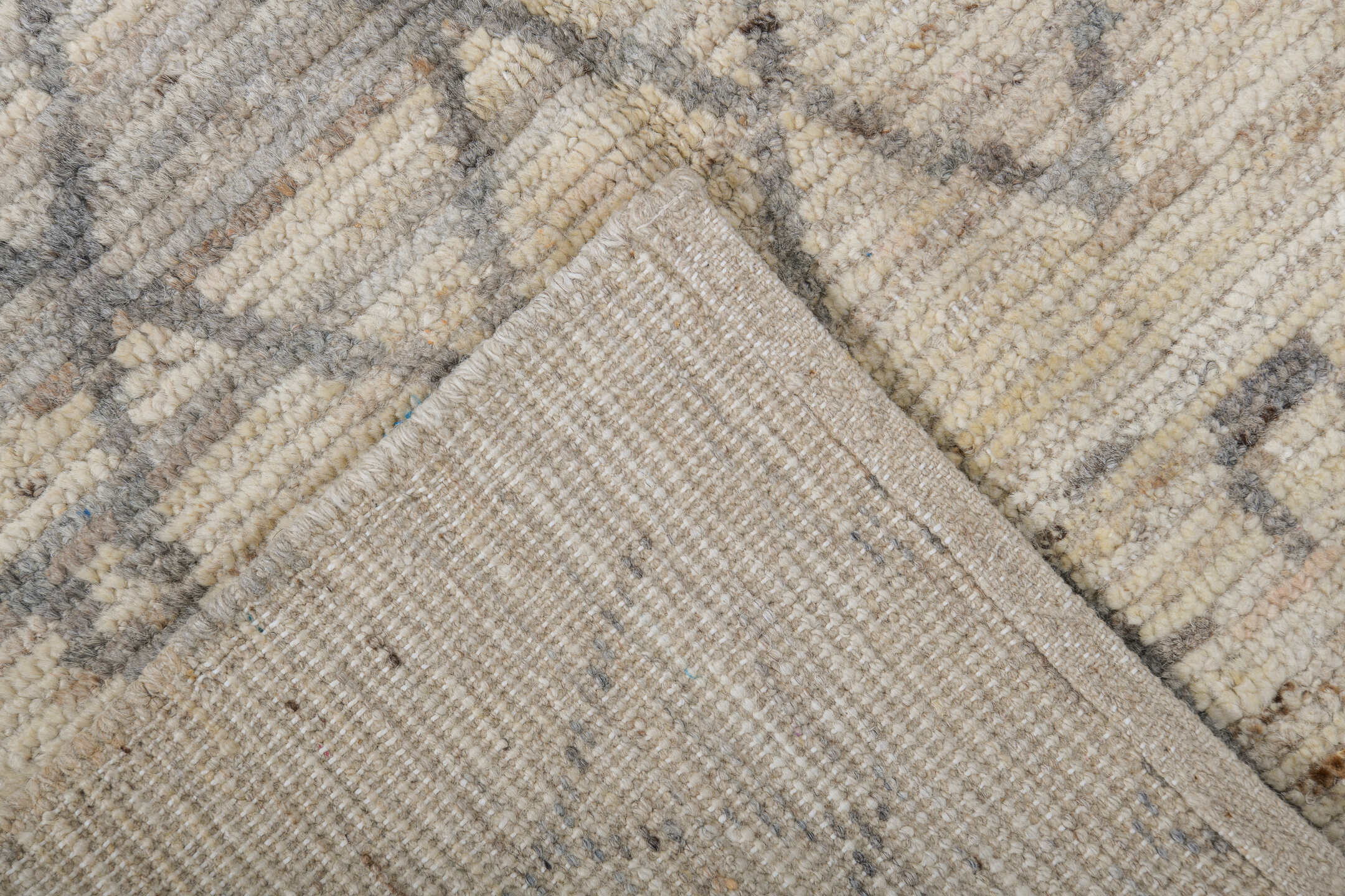 3' x 9' one-of-a-kind handmade vintage Tulu runner rug. Color palette: ivory, taupe, charcoal, beige, cream, gray, black