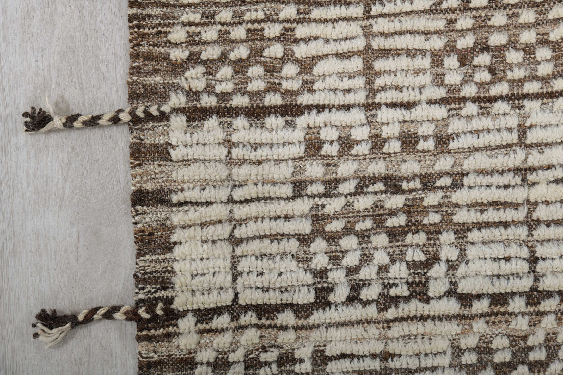 3' x 12' one-of-a-kind handmade vintage Tulu runner rug. Color palette: ivory, brown, taupe, camel, beige, gray