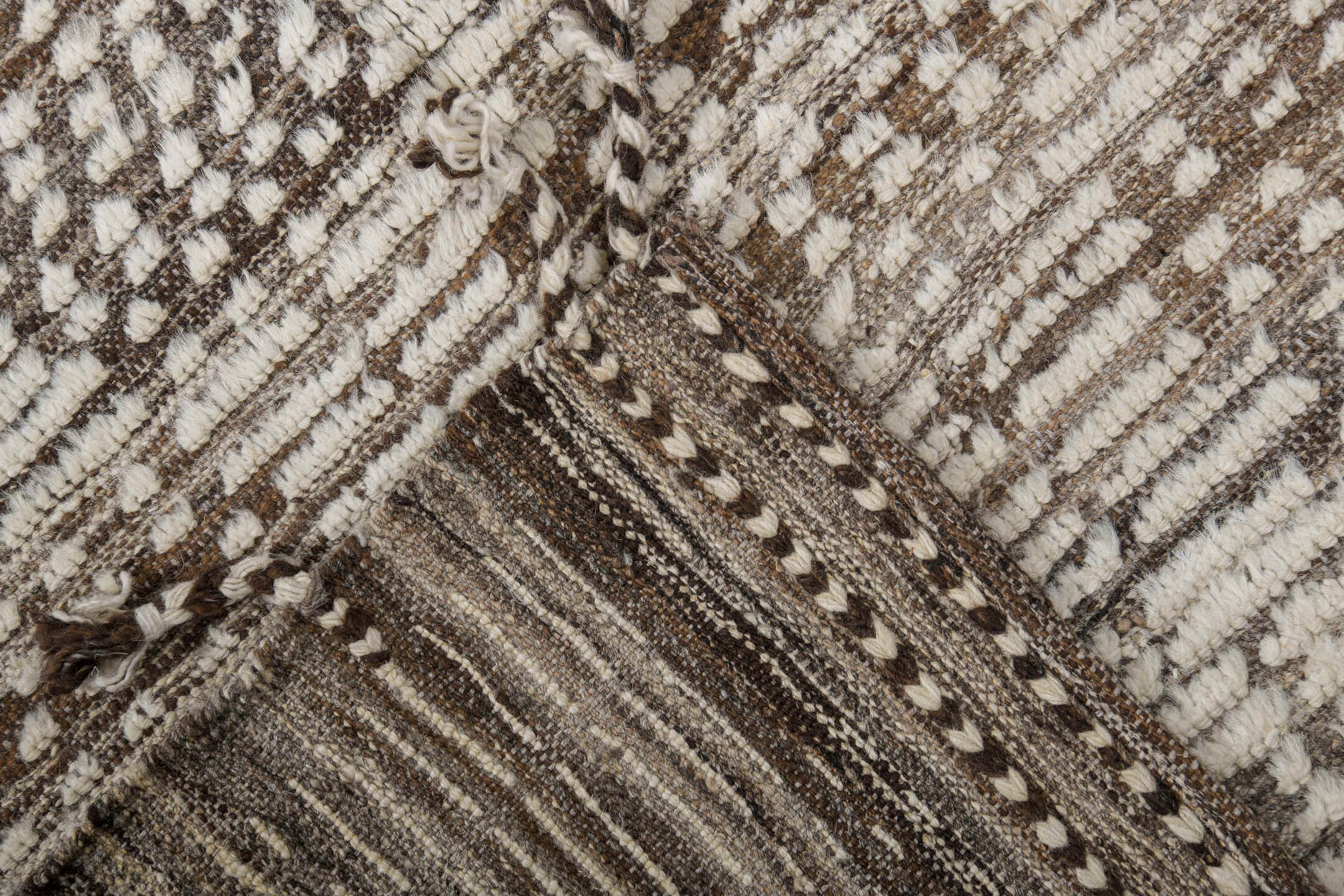 3' x 12' one-of-a-kind handmade vintage Tulu runner rug. Color palette: ivory, brown, taupe, camel, beige, gray