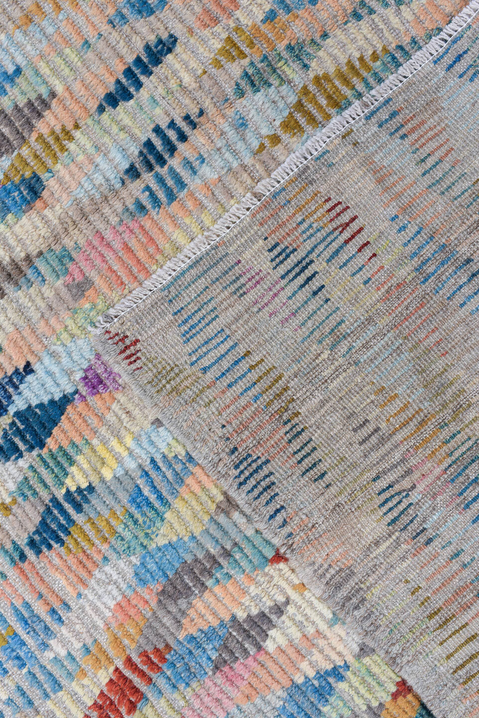 3' x 13' one-of-a-kind handmade vintage Tulu runner rug. Color palette: ivory, sky blue, coral, taupe, navy, rust, rose
