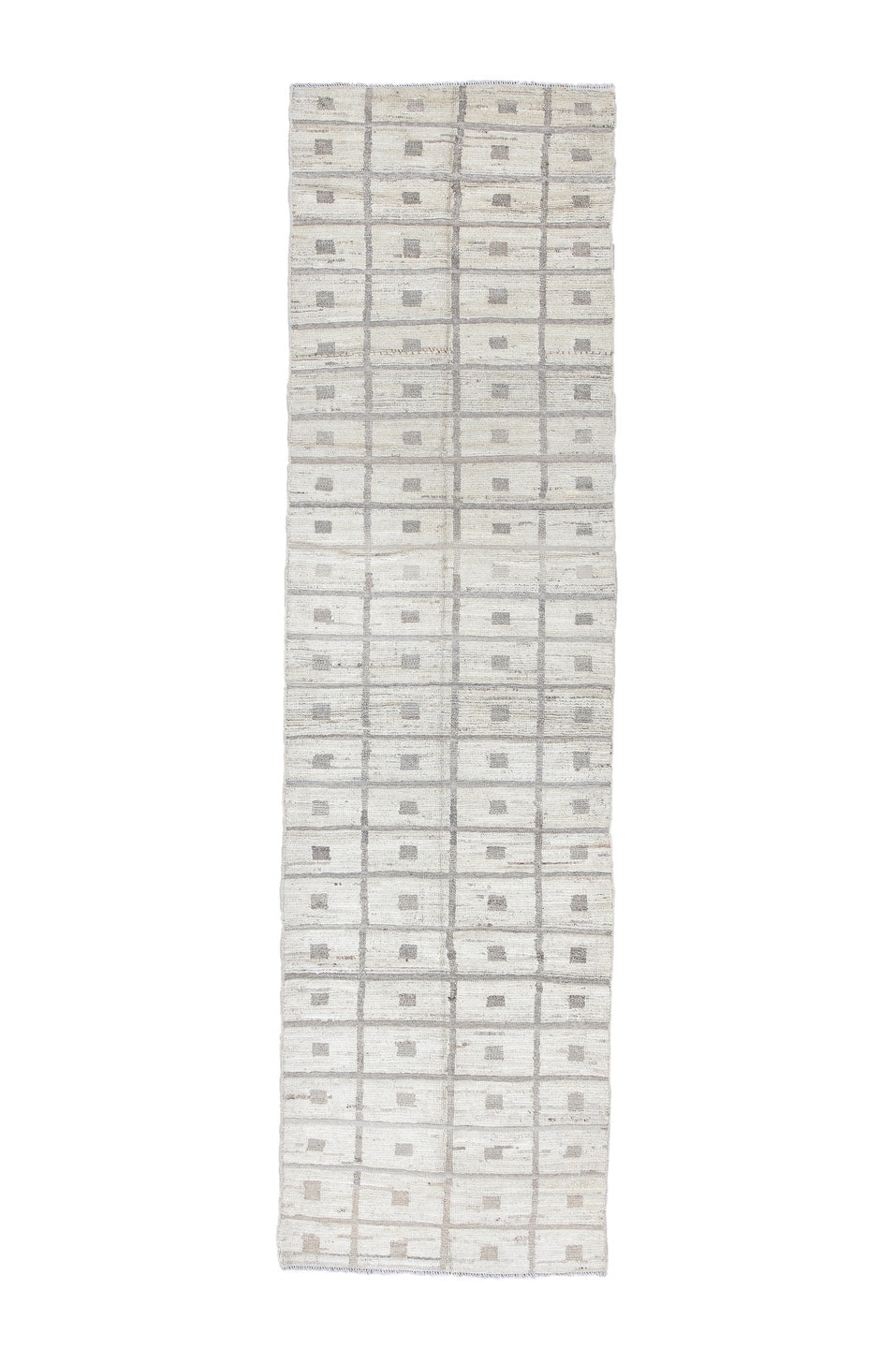 3' x 11' one-of-a-kind handmade vintage Tulu runner rug. Color palette: blue, dark gray, dim gray, gainsboro, gray