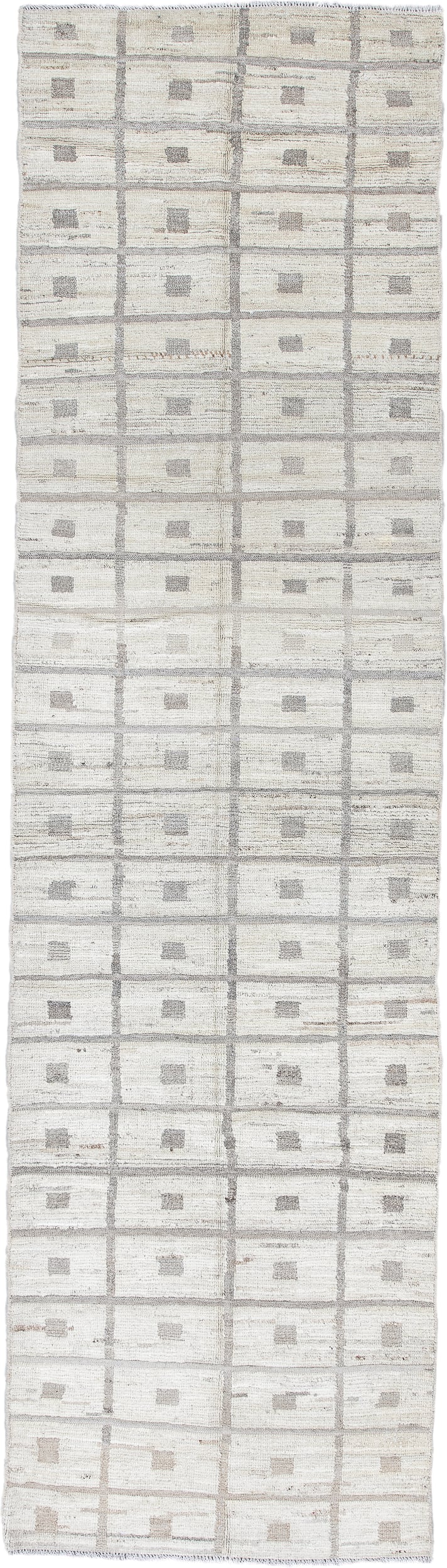 3' x 11' one-of-a-kind handmade vintage Tulu runner rug. Color palette: ivory, taupe, beige, light_gray, gray, light gray
