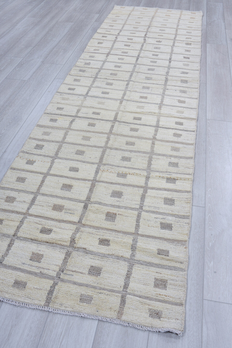 3' x 11' one-of-a-kind handmade vintage Tulu runner rug. Color palette: ivory, taupe, beige, light_gray, gray, light gray