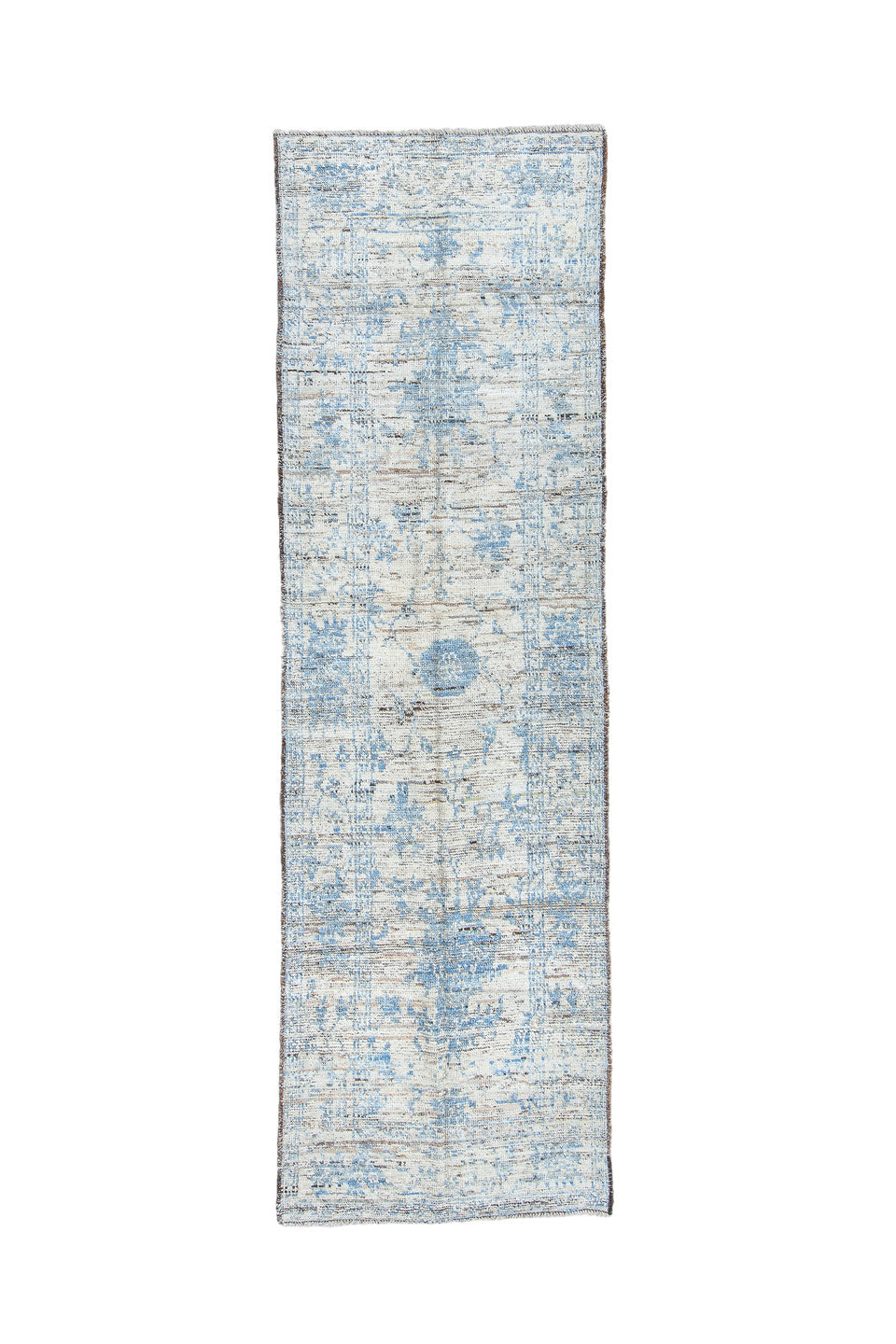 3' x 10' one-of-a-kind handmade vintage Tulu runner rug. Color palette: blue, dark gray, dim gray, gainsboro, gray