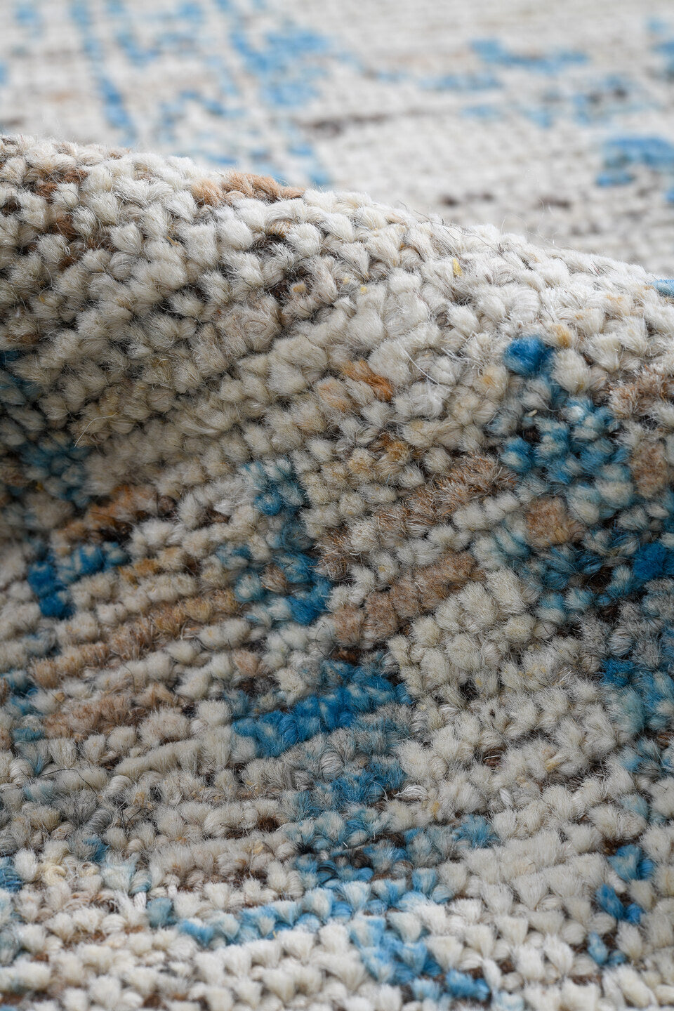 3' x 10' one-of-a-kind handmade vintage Tulu runner rug. Color palette: ivory, sky blue, taupe, beige, brown, light blue